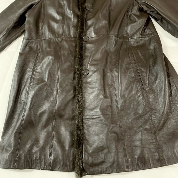 π» Very Chic Genuine Leather Coat, Full Knee Length, Fur Trim, Brown. L, Large - Picture 2 of 12